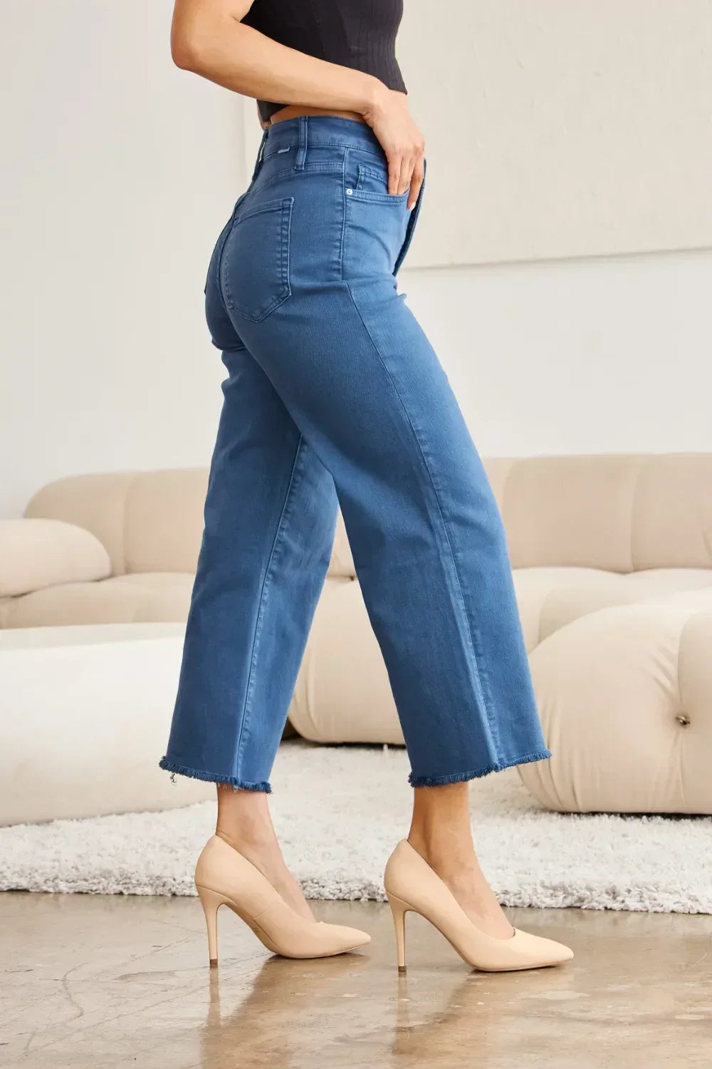 RFM Crop Chloe Tummy Control High Waist Raw Hem Jeans - DAVERRI FASHIONS