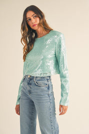 MABLE Shoulder Padded Sequin Crop Top | Tops Daverri Fashions