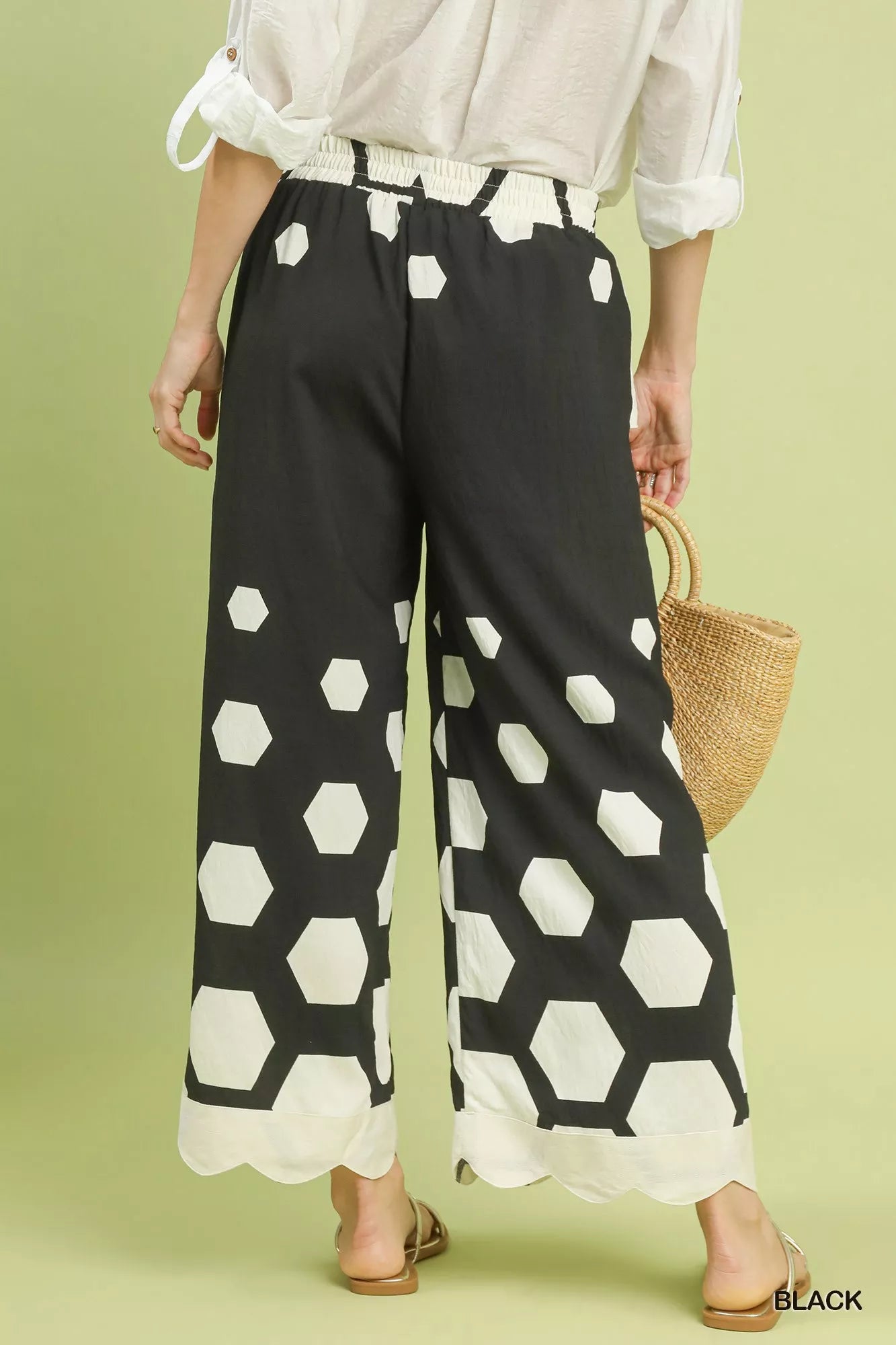Black Umgee hexagon print wide-leg pants with scalloped hem