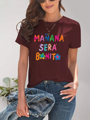 Burgundy women’s short-sleeve T-shirt with colorful letter graphics and stars