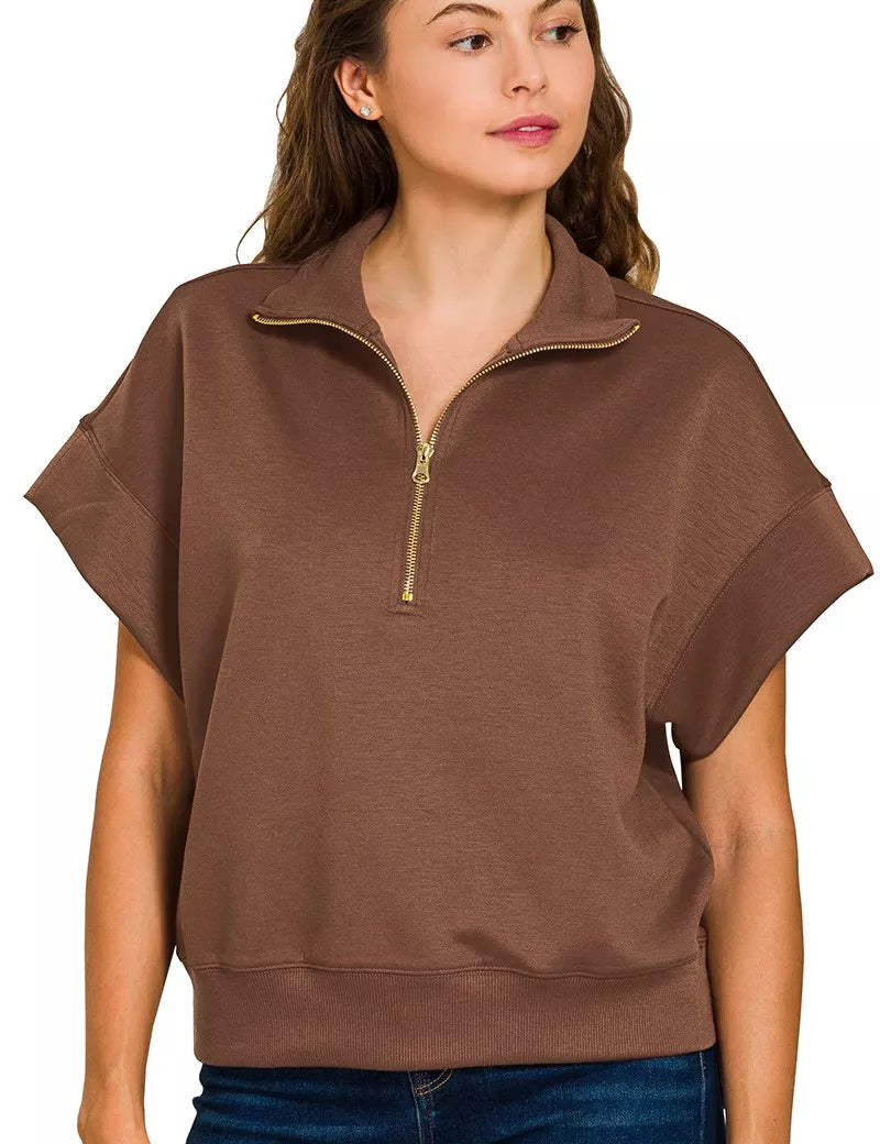 Zenana Full Size Scuba High Neck Half Zip Short Sleeve Top Plus Size | Daverri Fashions