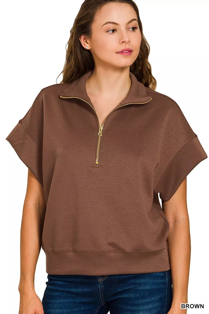 Zenana Full Size Scuba High Neck Half Zip Short Sleeve Top Plus Size | Daverri Fashions