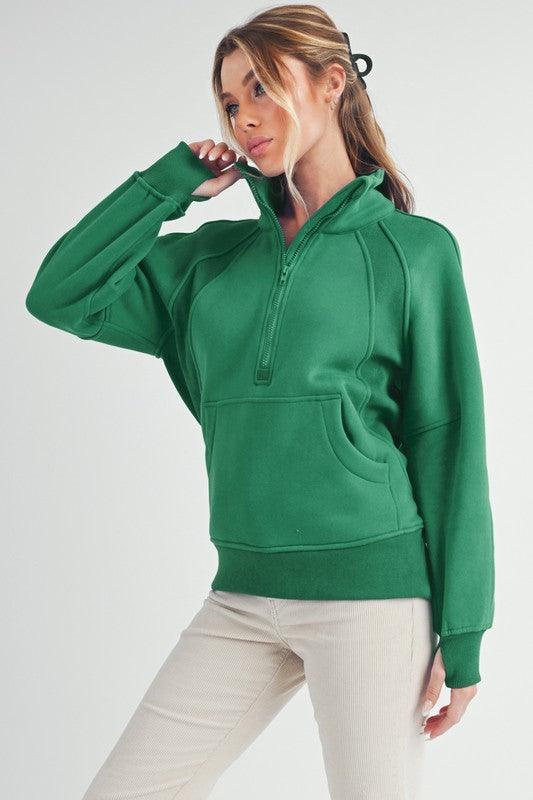 Aemi + Co Half Zip Raglan Sleeve Sweatshirt with Kangaroo Pocket - DAVERRI FASHIONS