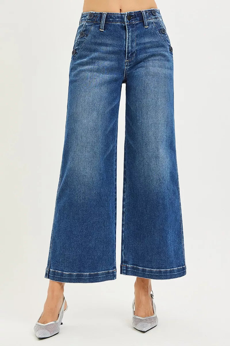 RISEN high rise wide leg jeans in blue denim with frayed hem and pockets