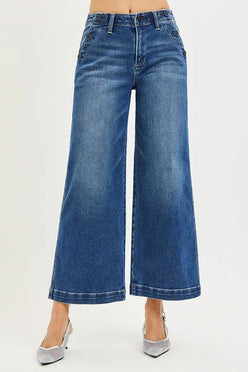 RISEN high rise wide leg jeans in blue denim with frayed hem and pockets