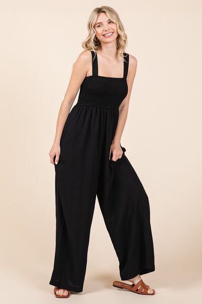 Mittoshop Smocked Wide Strap Wide Leg Overalls Overalls