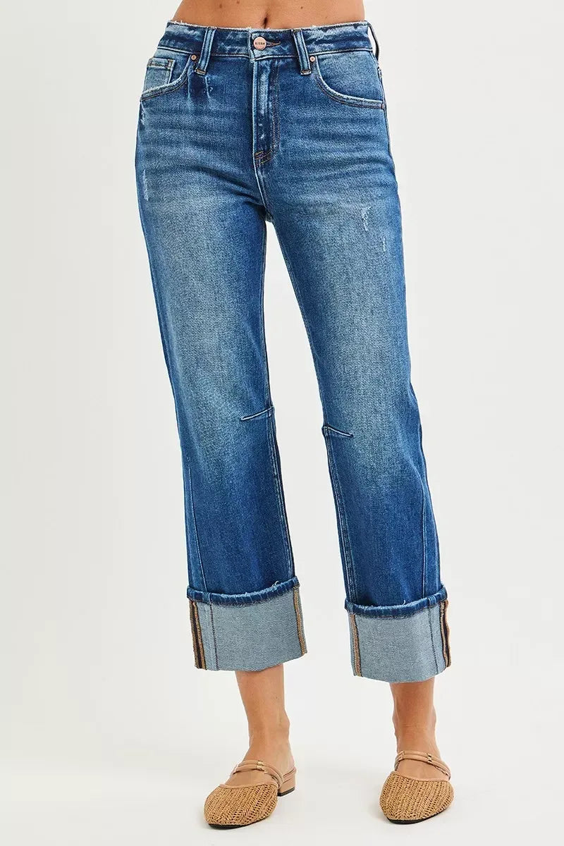 RISEN High Rise Straight Jeans with Distressed Hem - DAVERRI FASHIONS