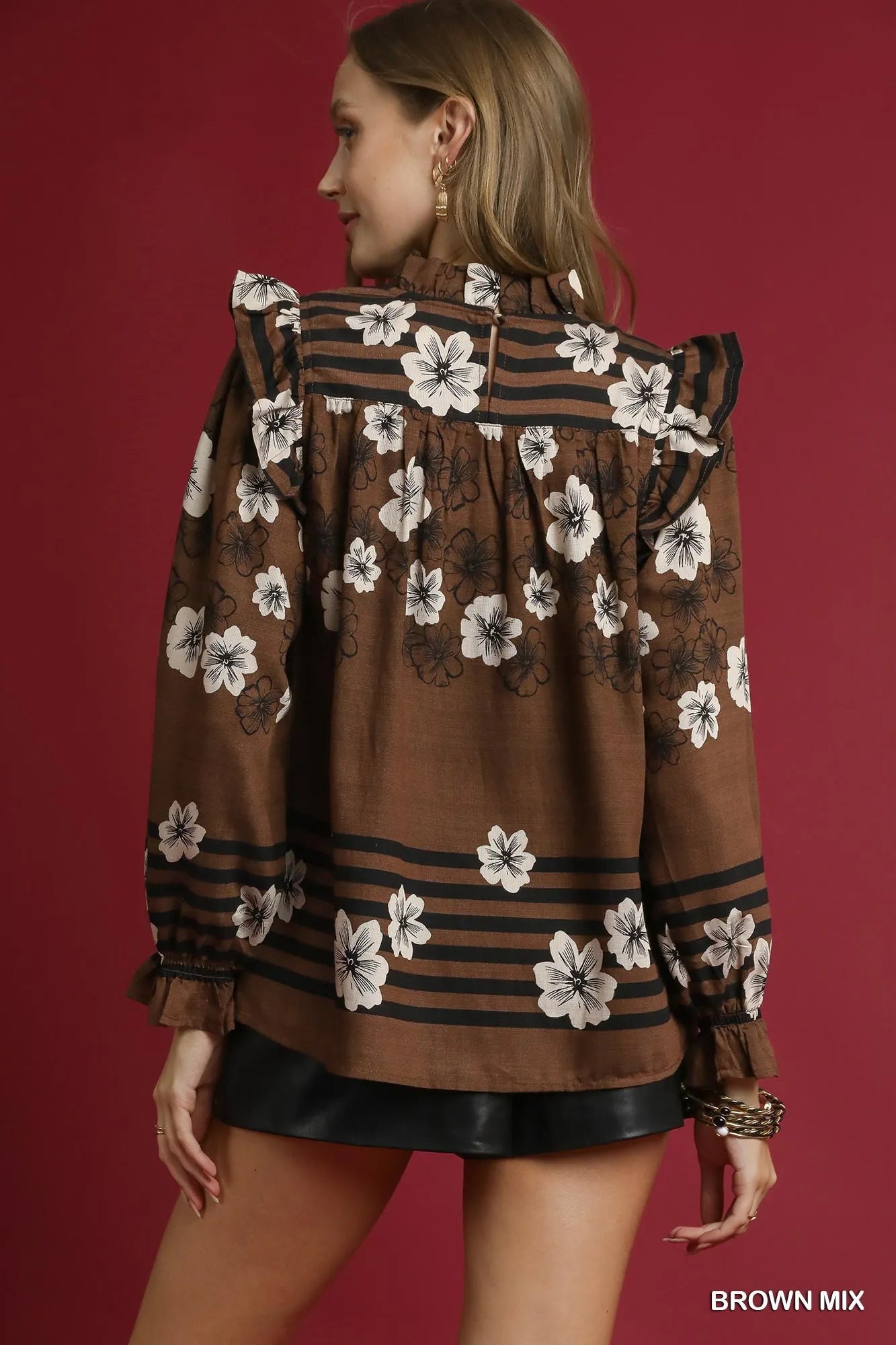 Umgee Full Size Mix Floral Smocked Ruffle Blouse Plus Size Tops