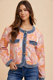 Annie Wear Floral Jacquard Denim Contrast Button Down Jacket Tops