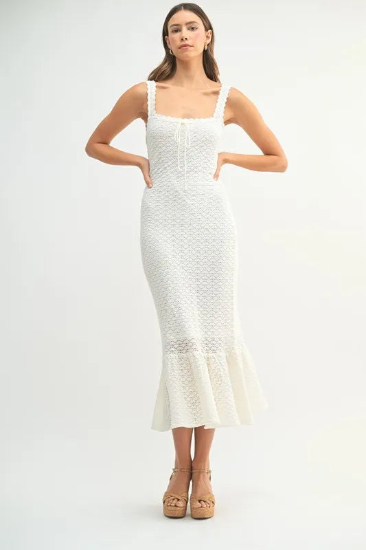 MABLE Ruffled Hem Sleeveless Crochet Knit Midi Dress