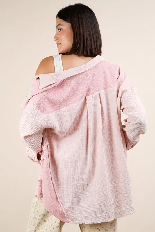 VERY J Mineral Washed Oversized Gauze Shacket Shackets
