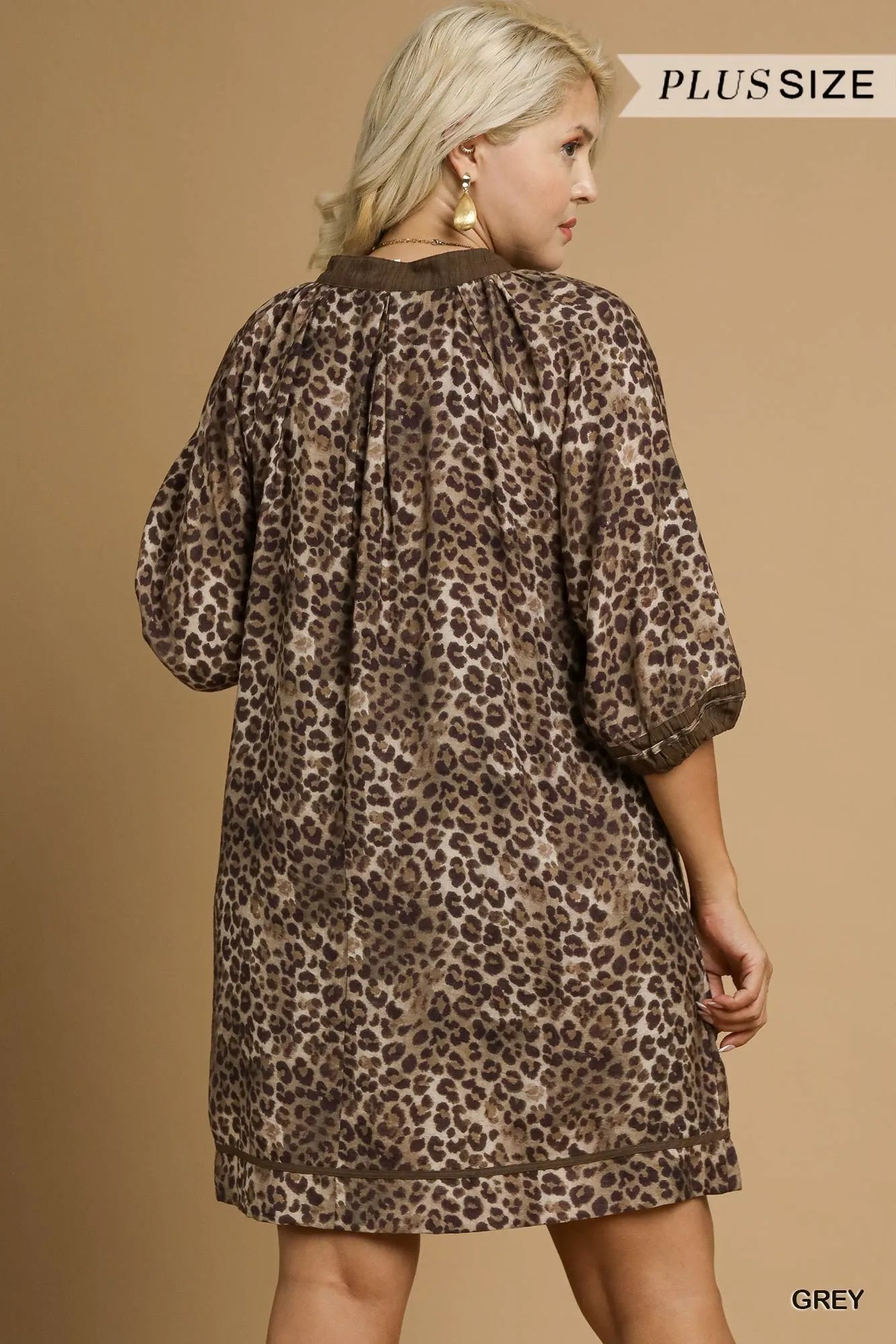 Umgee Full Size Leopard Print Mini Dress with Contrast Trim Plus Size Mini Dresses