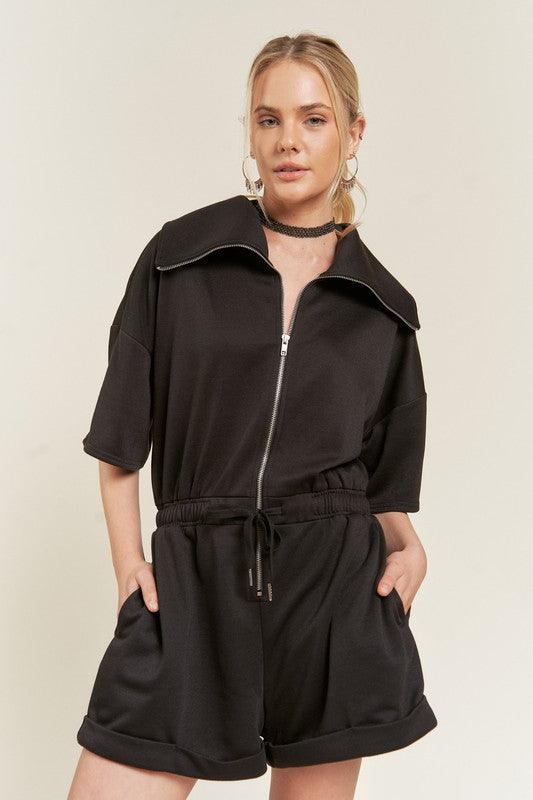 French Terry Front Zip Romper BLACK Rompers