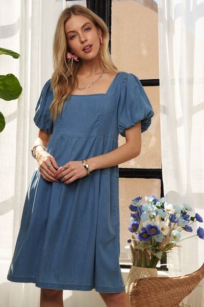 ADORA Square Neck Puff Sleeve Denim Dress Mini Dresses