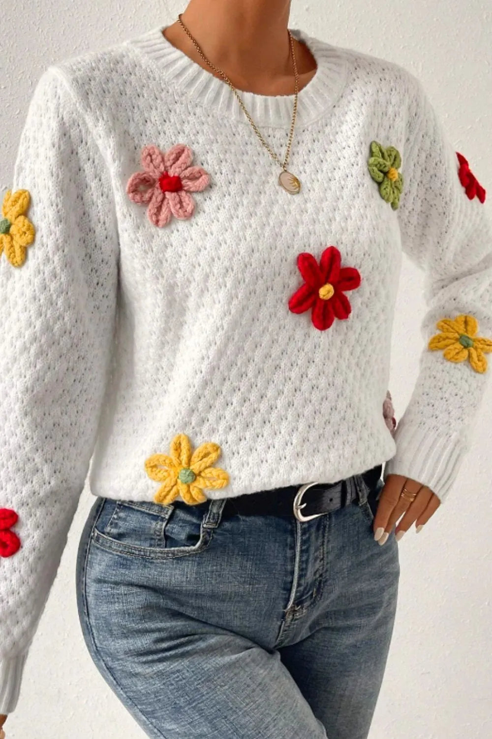 Crochet Flower Round Neck Long Sleeve Sweater | Sweaters Daverri Fashions