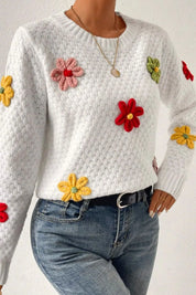Crochet Flower Round Neck Long Sleeve Sweater | Sweaters Daverri Fashions