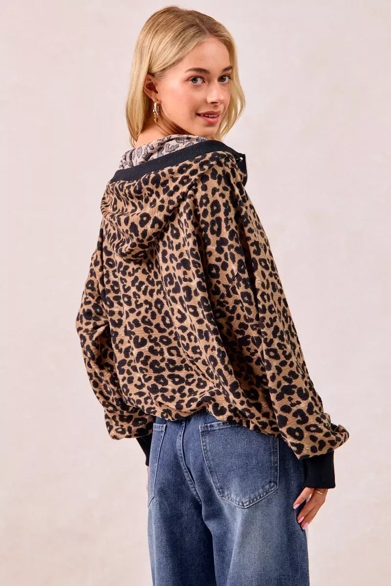 BiBi Leopard Print Waffle Half Zip Up Hoodie W Pocket - DAVERRI FASHIONS