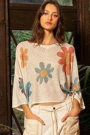 POL Flower Dropped Shoulder Long Sleeve Knit Top Ivory