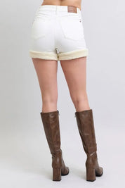 Judy Blue High Waist Shearling Cuff Denim Shorts | Daverri Fashions