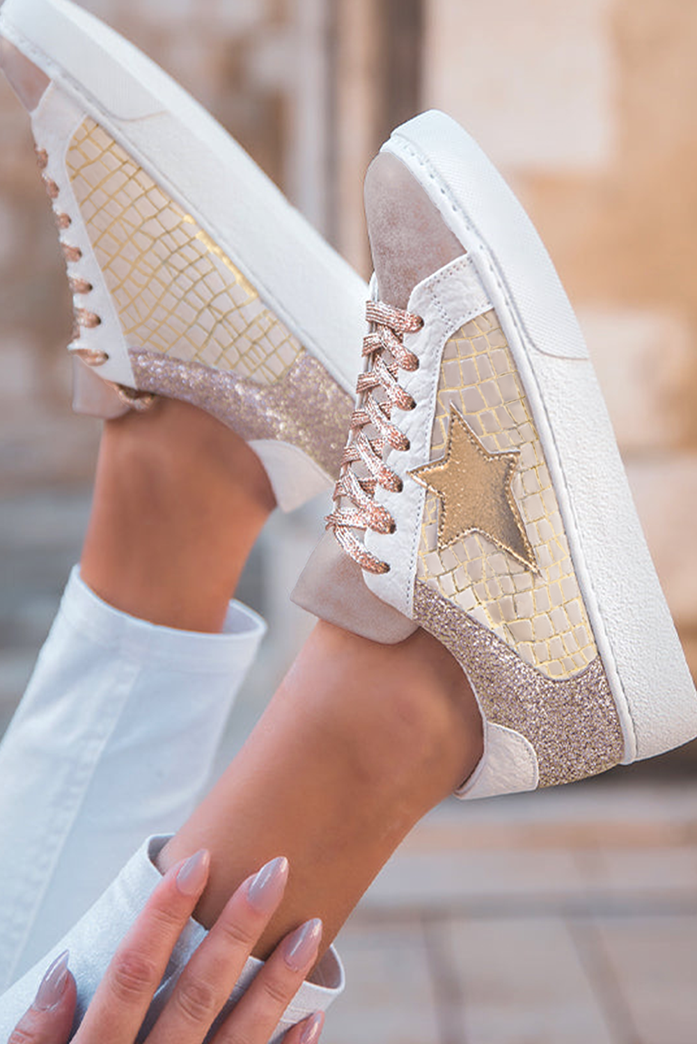 Gold Glitter Star Patchwork PU Leather Lace-up Sneakers | Sneakers Daverri Fashions