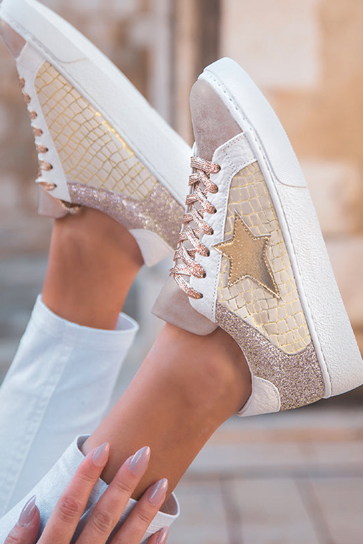 Gold Glitter Star Patchwork PU Leather Lace-up Sneakers | Sneakers Daverri Fashions
