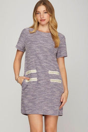 Lilac She + Sky Short Sleeve Pearl Studded Trim Knit Tweed Dress Lilac | Mini Dresses Daverri Fashions