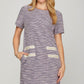 She + Sky Full Size Short Sleeve Pearl Studded Trim Knit Tweed Dress Plus Size Lilac Mini Dresses