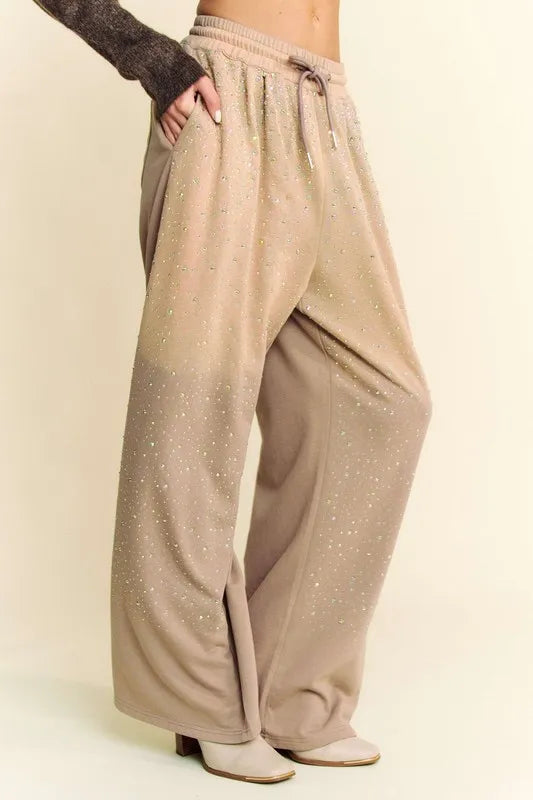 Davi & Dani Rhinestone Drawstring Wide Leg Pants Pants