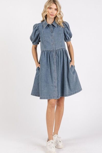 Mittoshop Button Down Puff Sleeve Denim Dress