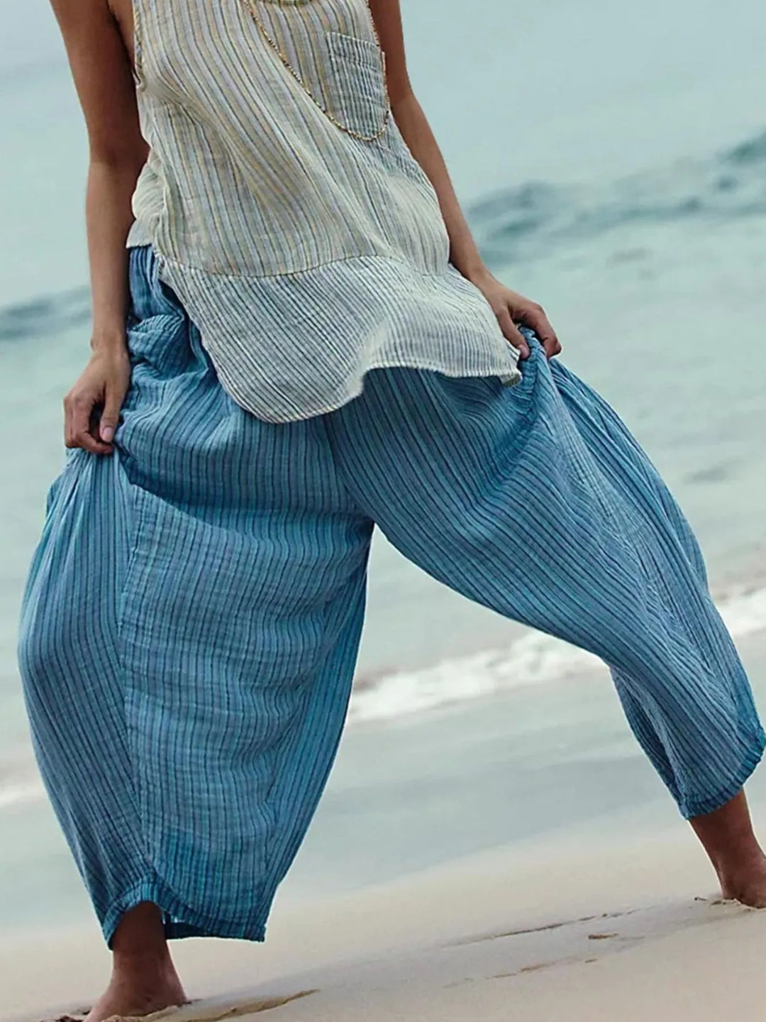 Full Size Striped Wide Leg Casual Pants Plus Size | Pants Daverri Fashions