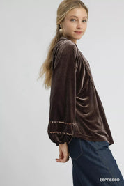 Umgee Velvet Long Sleeve Blouse with Contrast Trim | Blouses Daverri Fashions