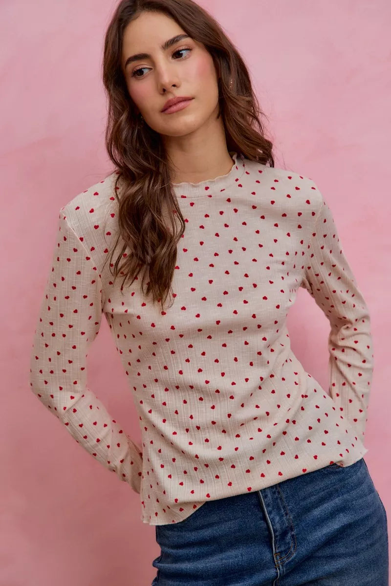 SO ME Ditsy Heart All Over Slub Rib Knit Valentine Top in cream with red hearts
