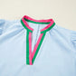 Light blue cotton Notched Puff Sleeve Swing Dress with pink and green striped collar