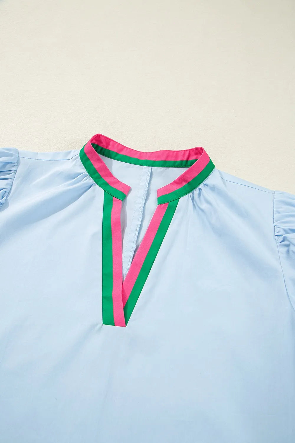 Light blue cotton Notched Puff Sleeve Swing Dress with pink and green striped collar