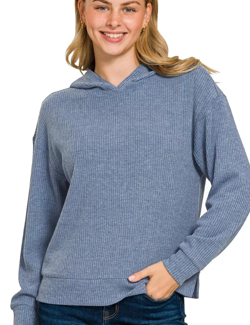 DUSTY BLUE Ribbed Long Sleeve Hoodie Dusty Blue | Hoodies Daverri Fashions