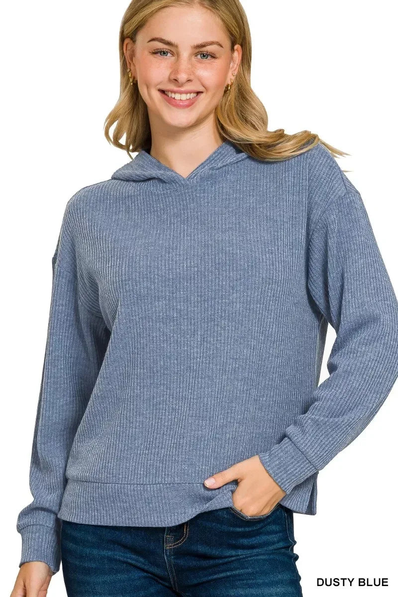 Ribbed Long Sleeve Hoodie Dusty Blue - DAVERRI FASHIONS