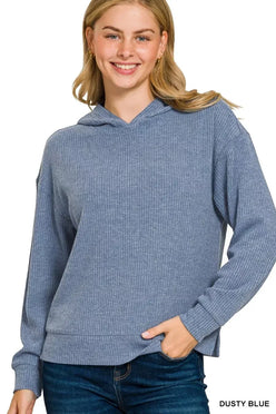 Ribbed Long Sleeve Hoodie Dusty Blue - DAVERRI FASHIONS