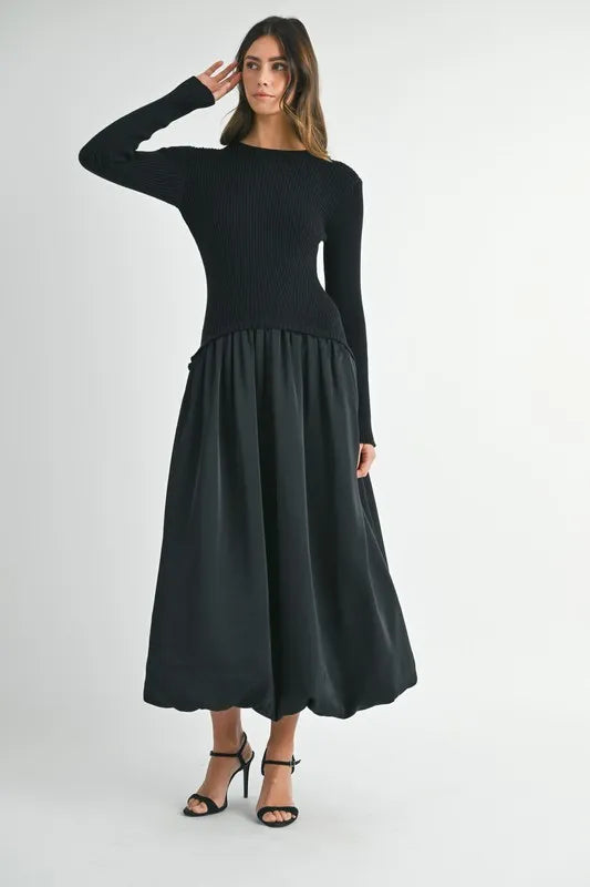 MABLE Ribbed Poplin Mix Midi Sweater Dress Midi Dresses
