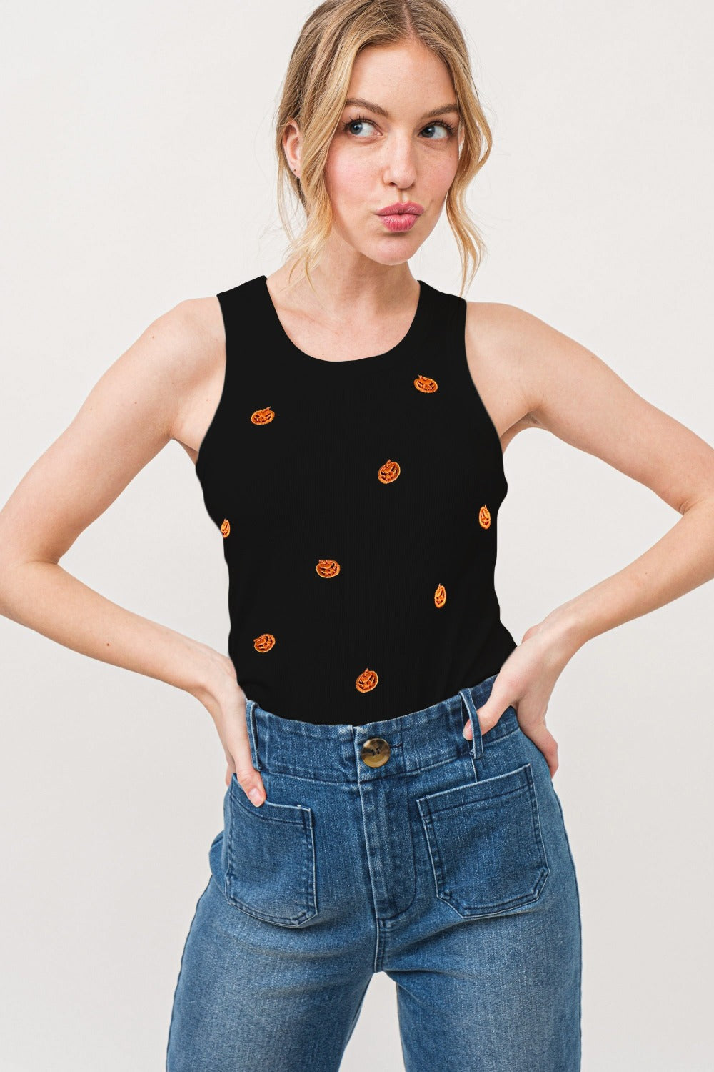 And The Why Jack O' Lantern Embroidered Ribbed Tank Black