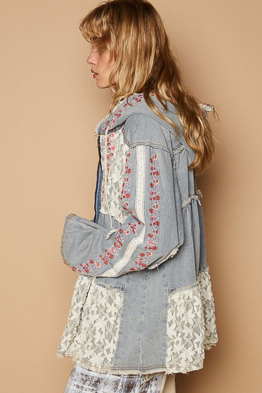 Embroidered Lace Patch Zip Up Hooded Jacket Jackets