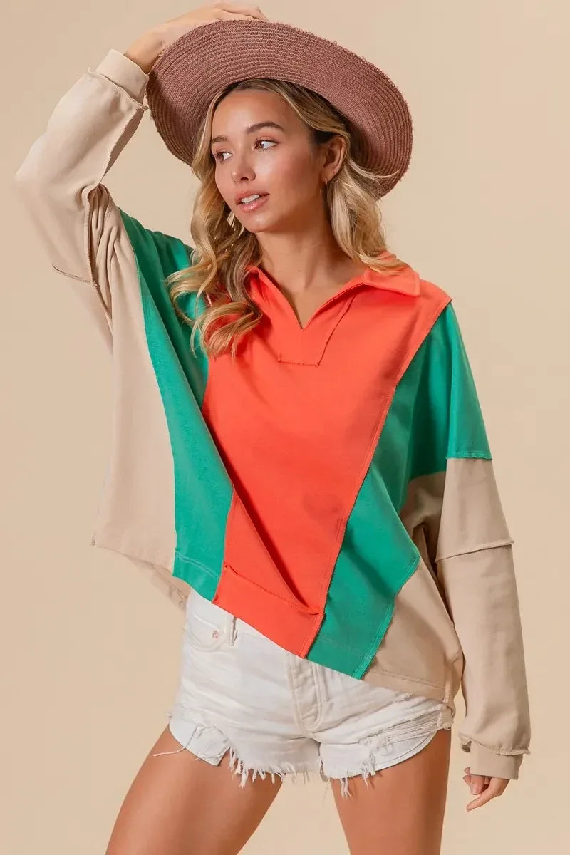 BiBi Colorblock Exposed Seam French Terry Sweatshirt - DAVERRI FASHIONS