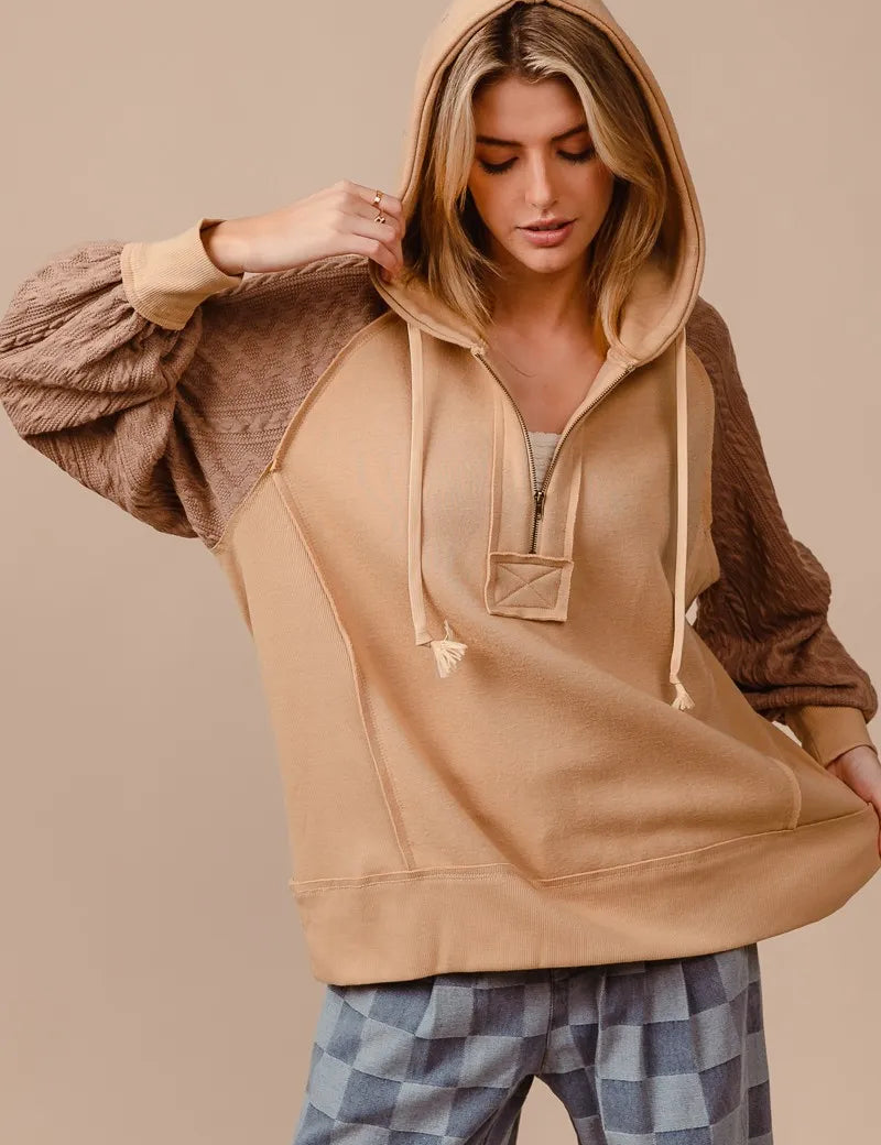 BiBi Half Zip French Terry Hoodie with Kint Sleeves | Hoodies Daverri Fashions