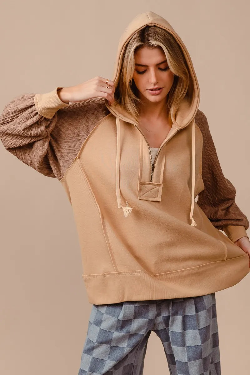 BiBi Half Zip French Terry Hoodie with Kint Sleeves | Daverri Fashions