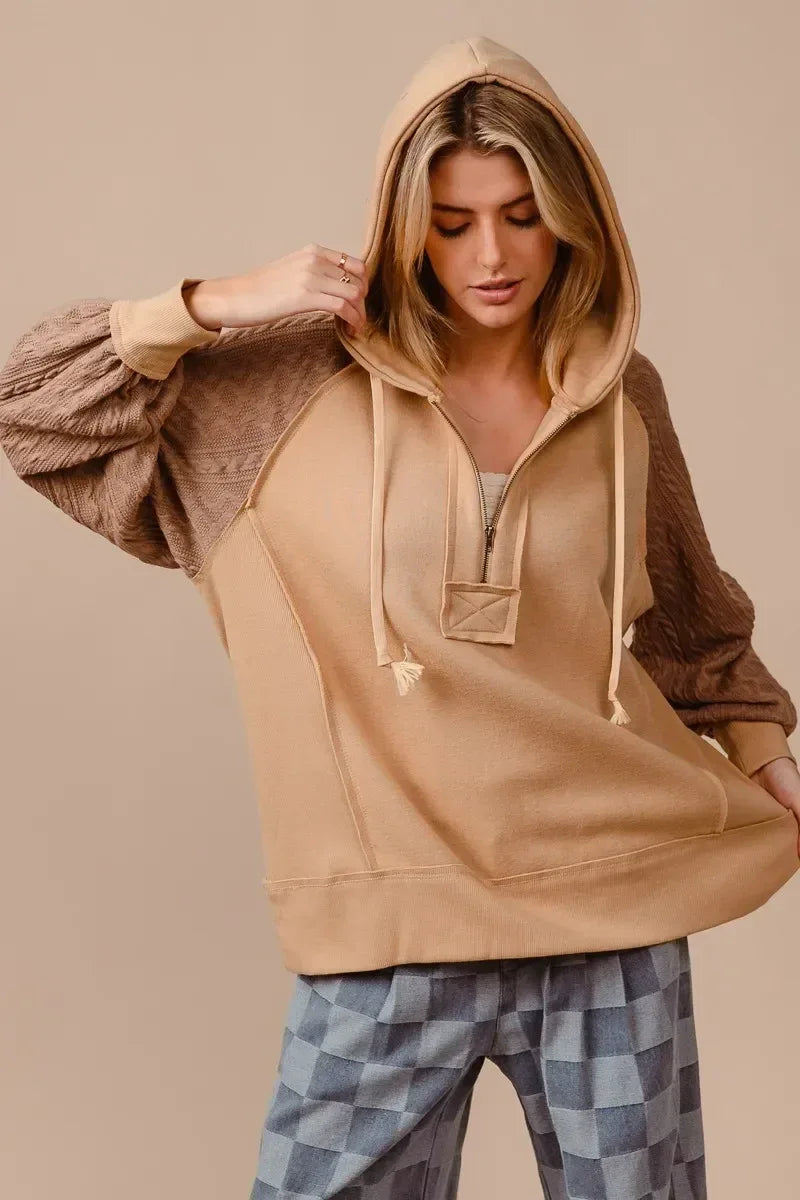 BiBi Half Zip French Terry Hoodie with Kint Sleeves - DAVERRI FASHIONS