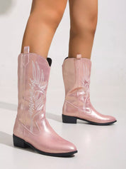 Pink Embroidered Block Heels Boots | Boots Daverri Fashions
