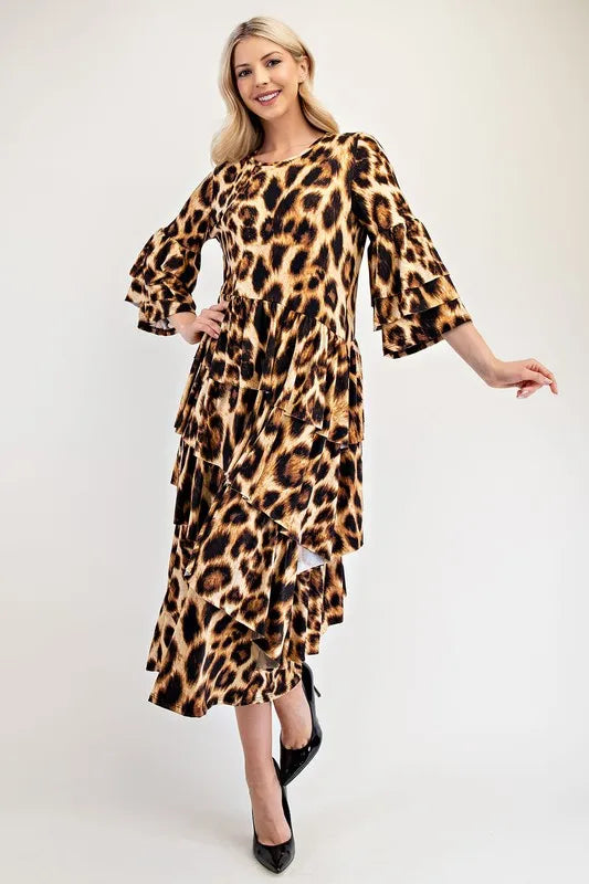 Celeste Full Size Leopard Asymmetrical Ruffle Midi Dress Plus Size Leopard