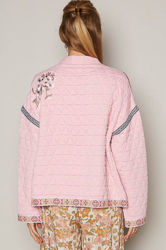 POL Embroidered Open Front Long Sleeve Jacket