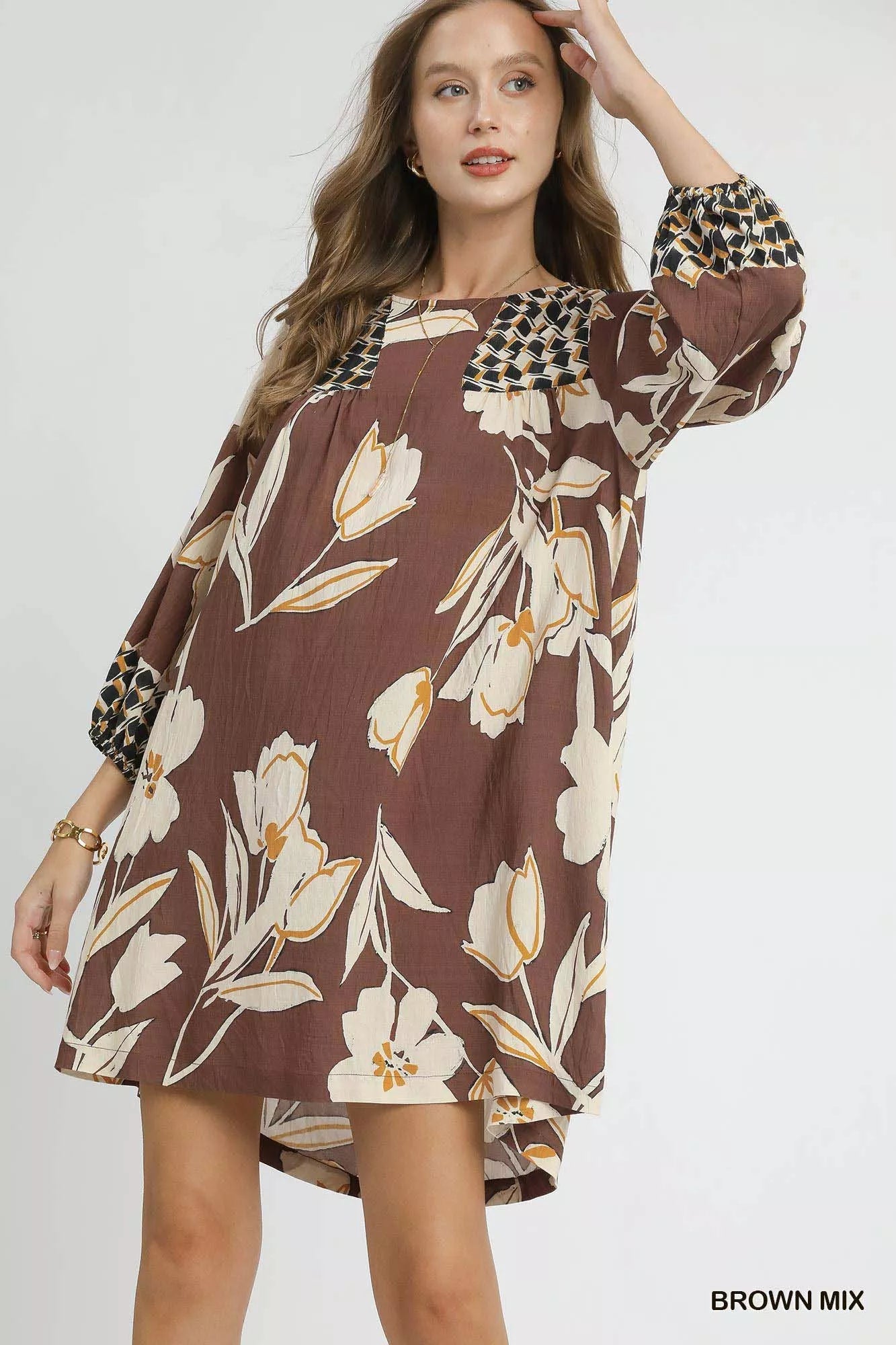 BROWN MIX Umgee Floral High-Low Babydoll Dress | Babydoll Dresses Daverri Fashions