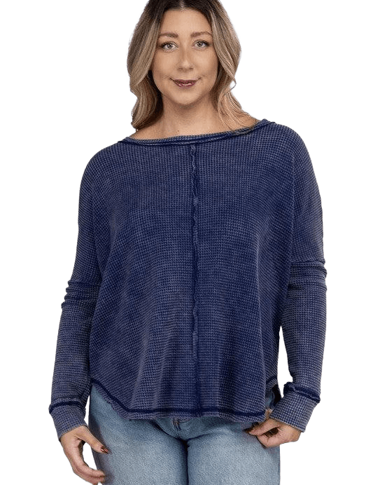 Plus Long Sleeve Cotton Waffle Knit Top LT NAVY Shirts & Tops