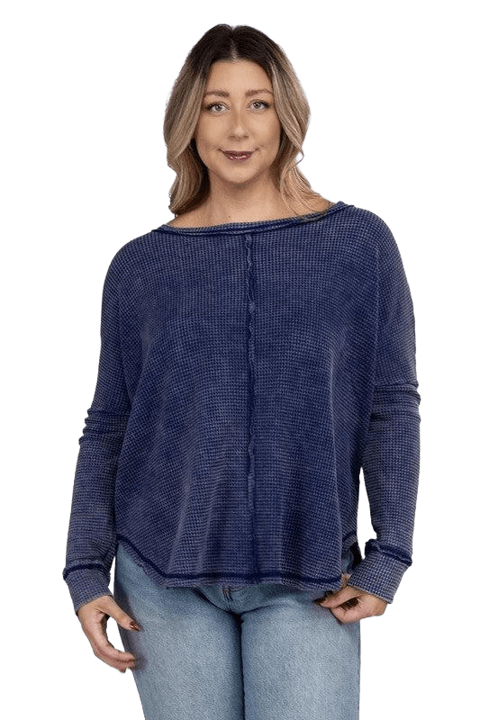 Plus Long Sleeve Cotton Waffle Knit Top LT NAVY Shirts & Tops